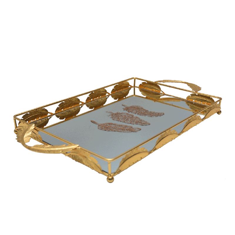 Plateau De Décoration Doré Motif Plume 47 X 22.5 Cm
