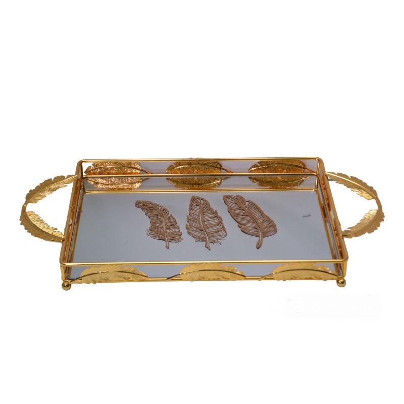 Plateau De Décoration Doré Motif Plume 55 X 29 Cm