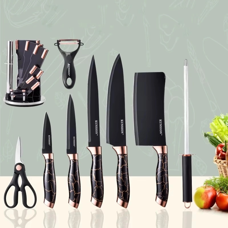 Ensemble de 8 couteaux de cuisine KUNSION en acier inoxydable avec support - Noir
