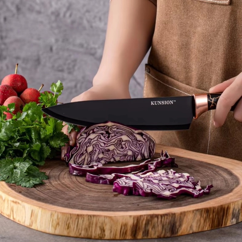 Ensemble de 8 couteaux de cuisine KUNSION en acier inoxydable avec support - Noir