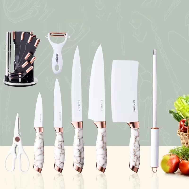 Ensemble de 8 Ustensiles de Cuisine KUNSION en Acier Inoxydable avec Un Support Rotatif - Blanc & Or Rose