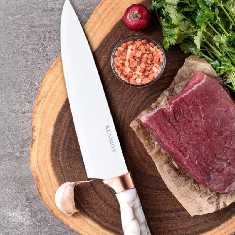 Ensemble de 8 Ustensiles de Cuisine KUNSION en Acier Inoxydable avec Un Support Rotatif - Blanc & Or Rose