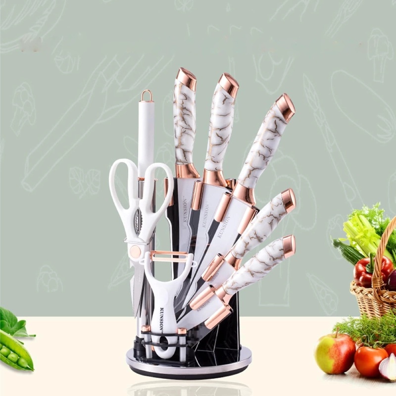 Ensemble de 8 Ustensiles de Cuisine KUNSION en Acier Inoxydable avec Un Support Rotatif - Blanc & Or Rose