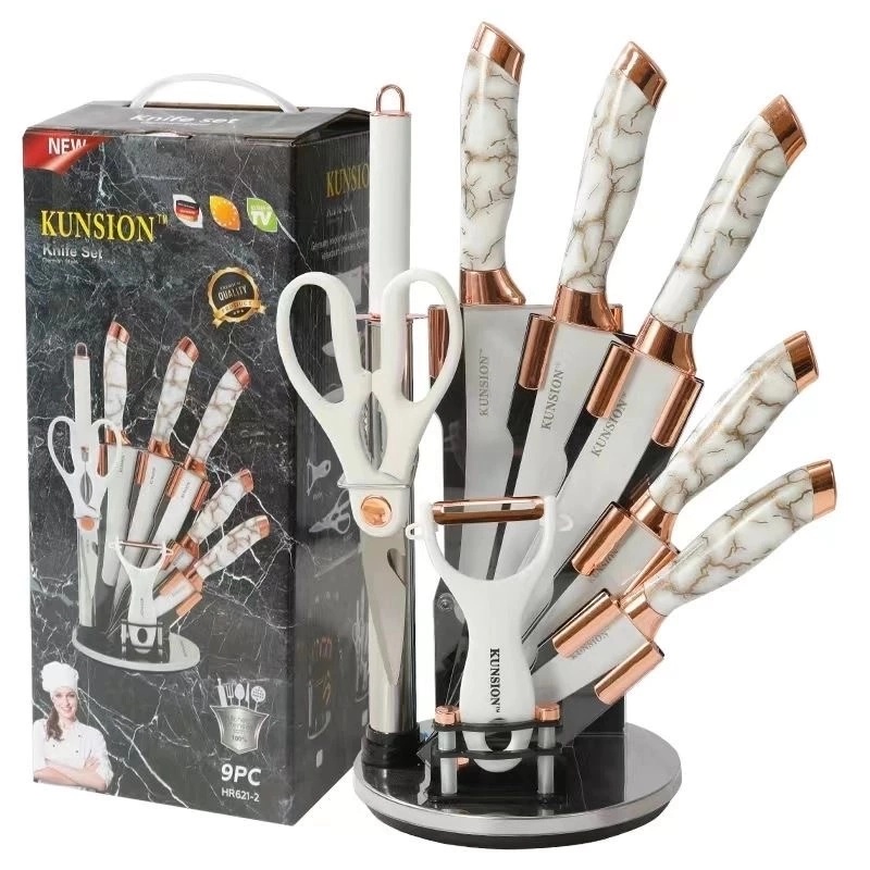Ensemble de 8 Ustensiles de Cuisine KUNSION en Acier Inoxydable avec Un Support Rotatif - Blanc & Or Rose