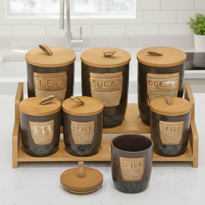 Porte Epices En Céramique 7 Pots Avec Support En Bois- Golden House