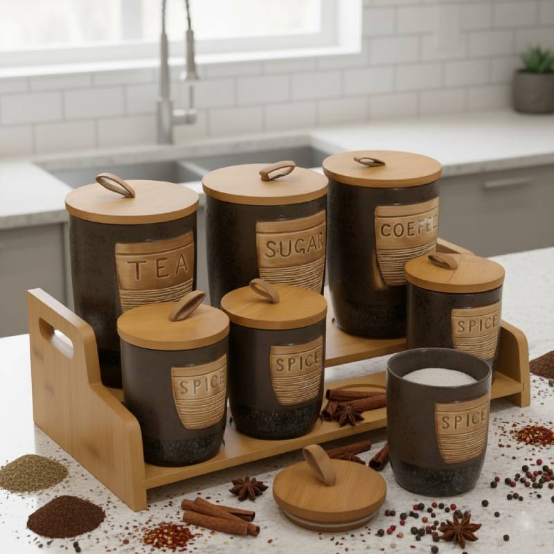 Porte Epices En Céramique 7 Pots Avec Support En Bois- Golden House