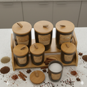 Porte Epices En Céramique 7 Pots Avec Support En Bois- Golden House