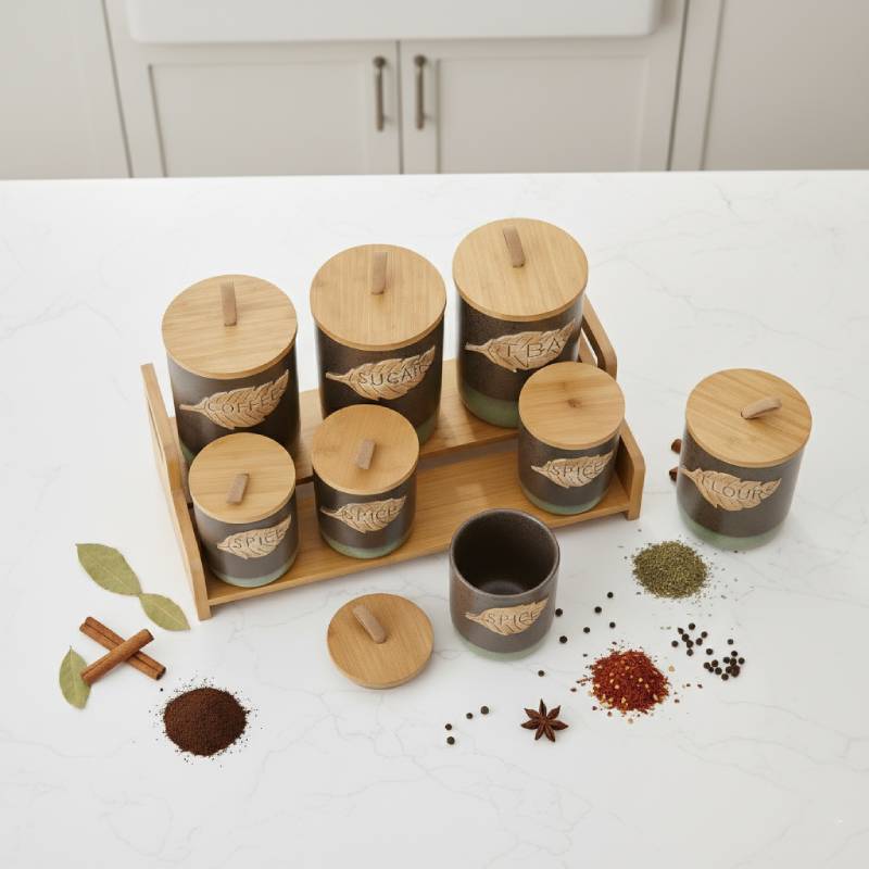 Porte Epices En Céramique 7 Pots Avec Support En Bois- Golden House
