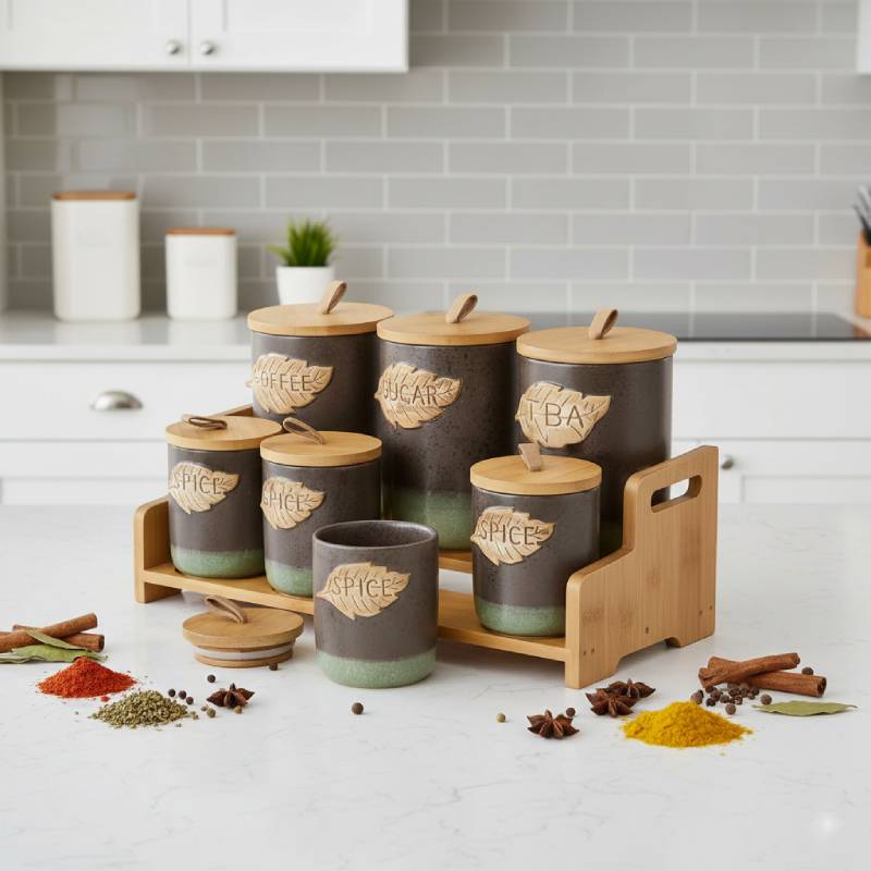 Porte Epices En Céramique 7 Pots Avec Support En Bois- Golden House