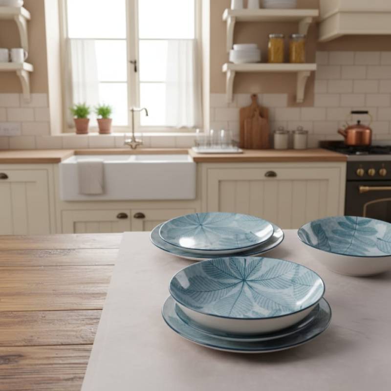 Service de Table 12 Pièces en Porcelaine – Motif Feuilles Bleu