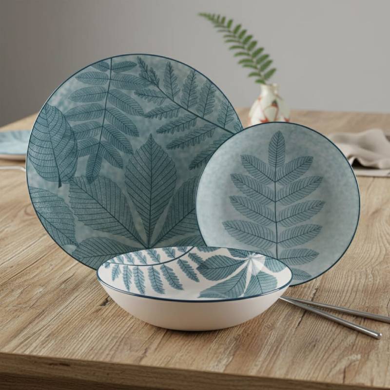 Service de Table 12 Pièces en Porcelaine – Motif Feuilles Bleu