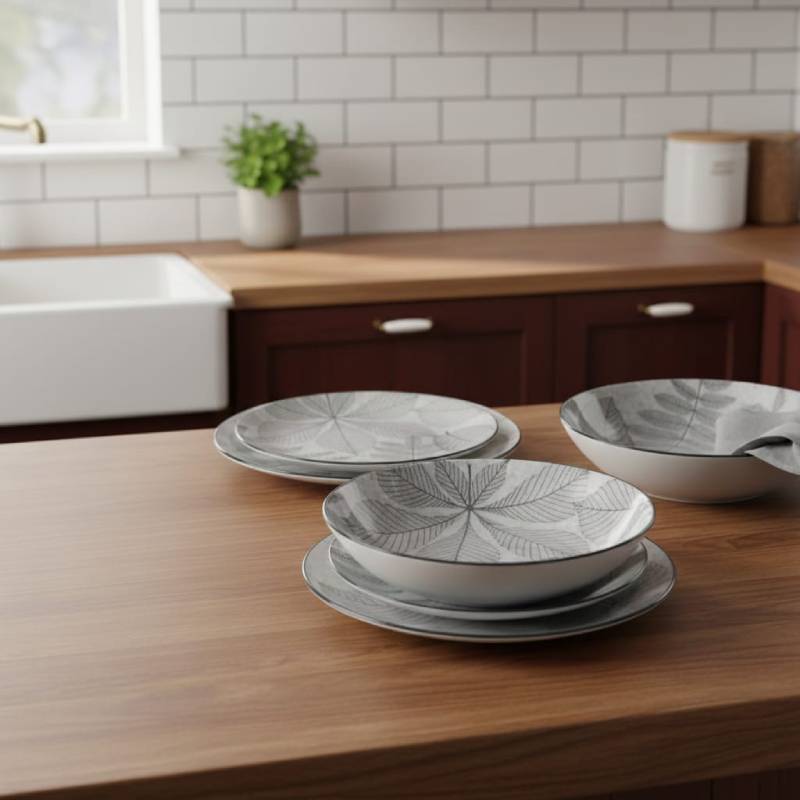 Service de Table 12 Pièces en Porcelaine – Motif Feuilles Gris