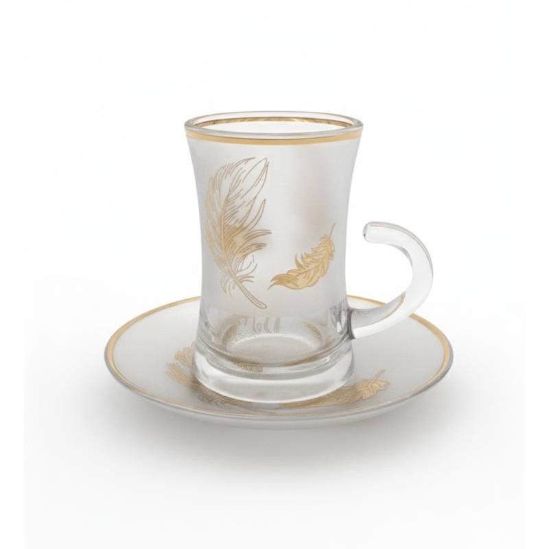 Lot De 6 Verres à Thé Avec Sous-Tasses - Motif Plumes Dorées