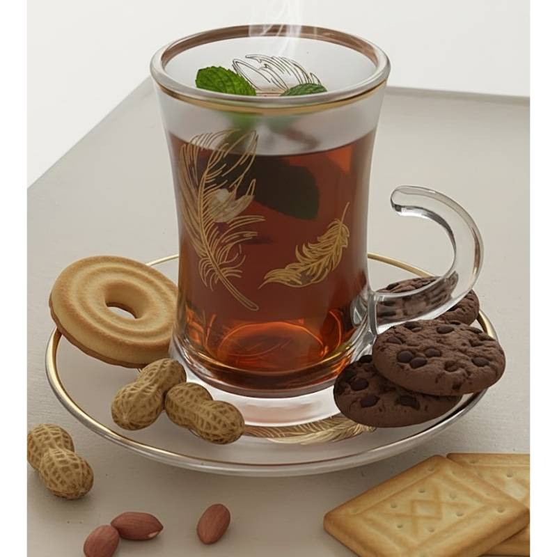 Lot De 6 Verres à Thé Avec Sous-Tasses - Motif Plumes Dorées