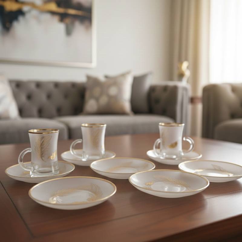 Lot De 6 Verres à Thé Avec Sous-Tasses - Motif Plumes Dorées