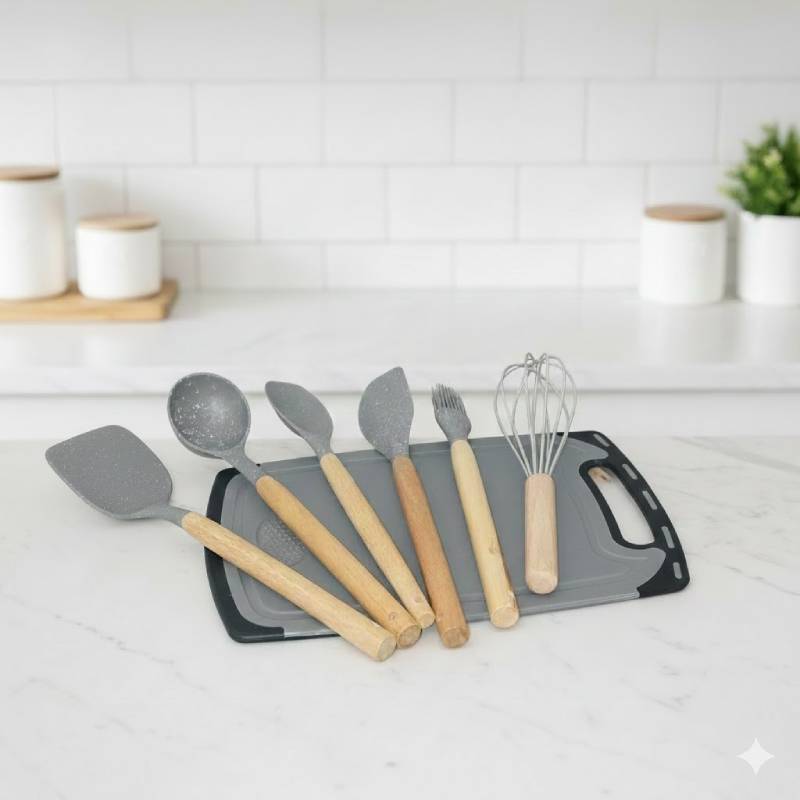 Set d'ustensiles de cuisine 19 pièces en silicone - Gris