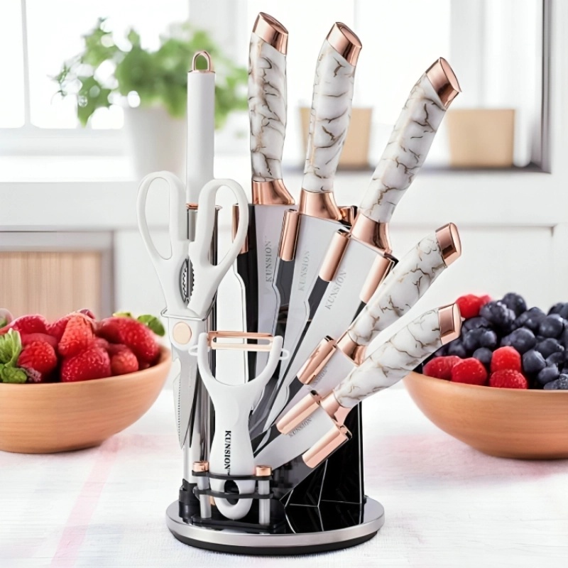 Ensemble de 8 Ustensiles de Cuisine KUNSION en Acier Inoxydable avec Un Support Rotatif - Blanc & Or Rose