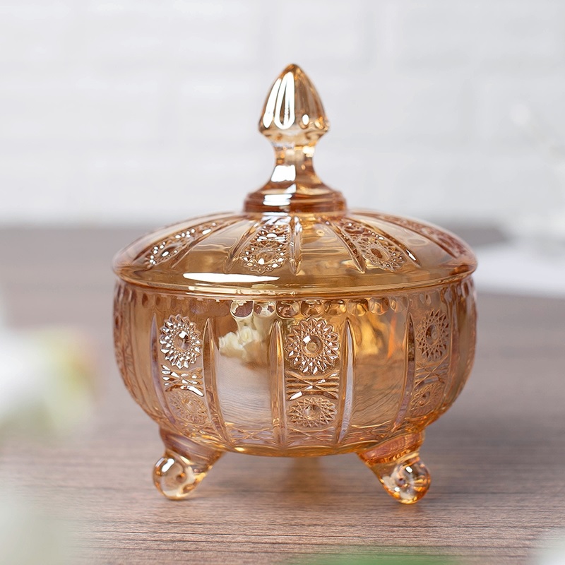 Bol à bonbons en verre ambré avec couvercle