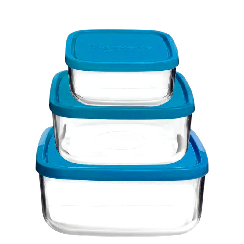 Lot de 3 Boites de Conservation Carrées en Verre Bormioli Rocco – Série Frigoverre