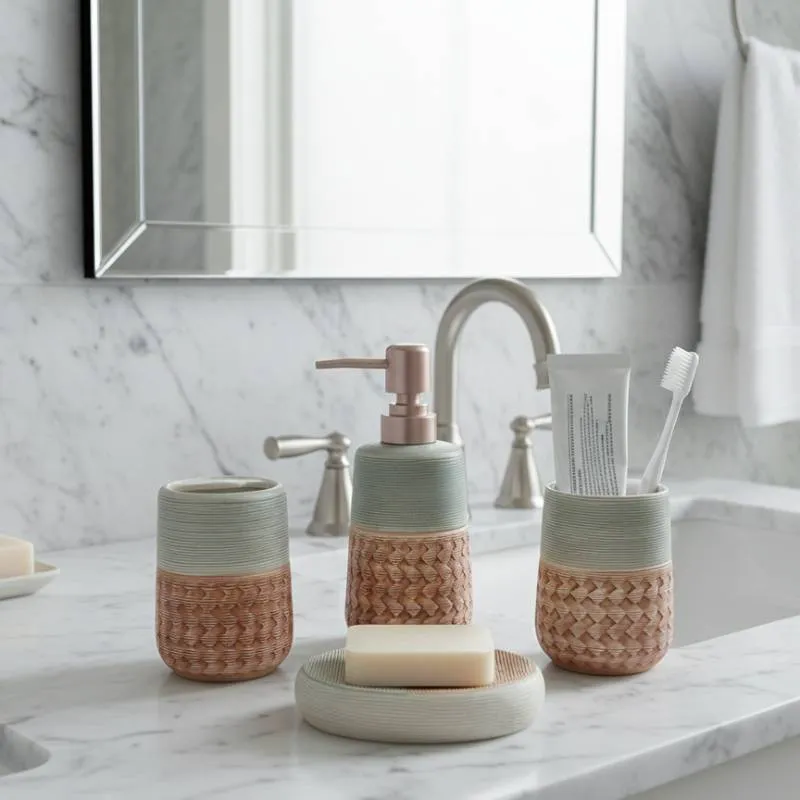 [EN4A-GO-Motif2] Ensemble de 4 accessoires de salle de bain en céramique GOLDEN HOUSE