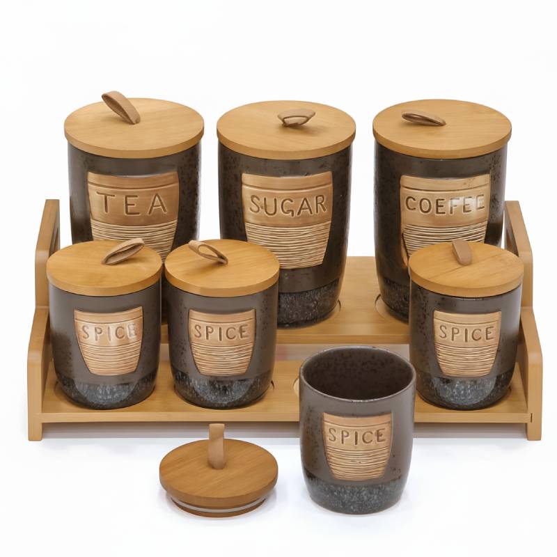 Porte Epices En Céramique 7 Pots Avec Support En Bois- Golden House