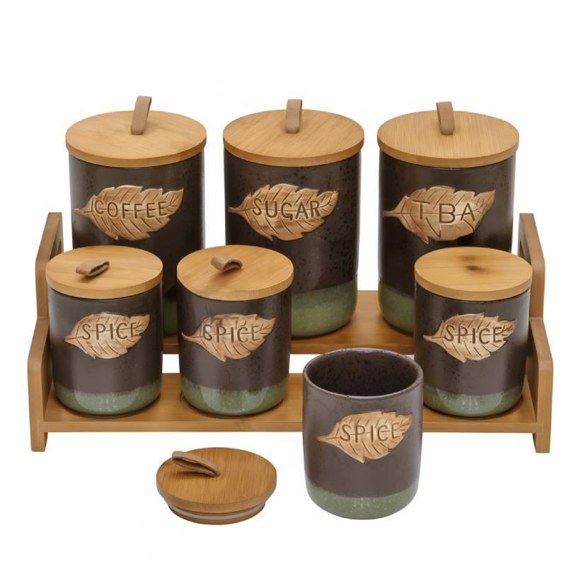 [PEC7B-GO-Motif2] Porte Epices En Céramique 7 Pots Avec Support En Bois- Golden House