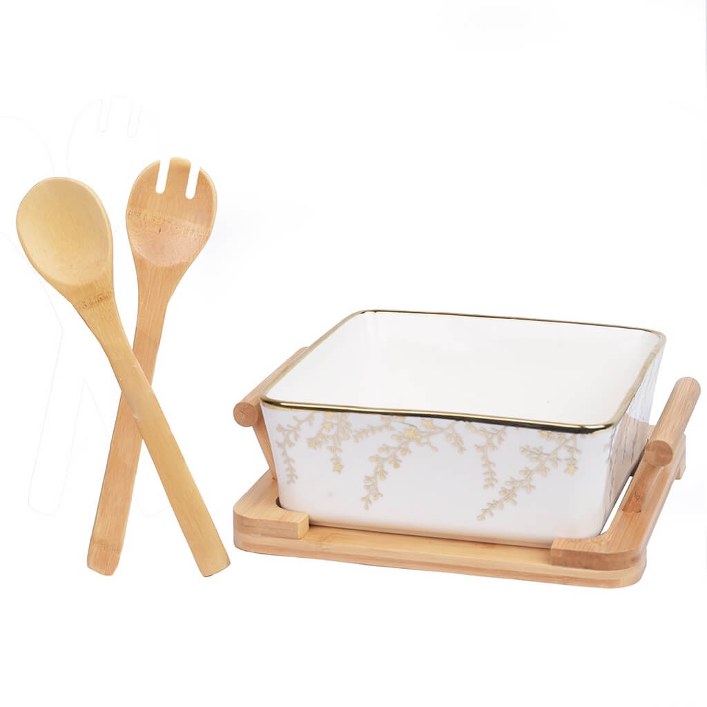 [SEBSB-GO] Saladier En Porcelaine Avec Support En Bois