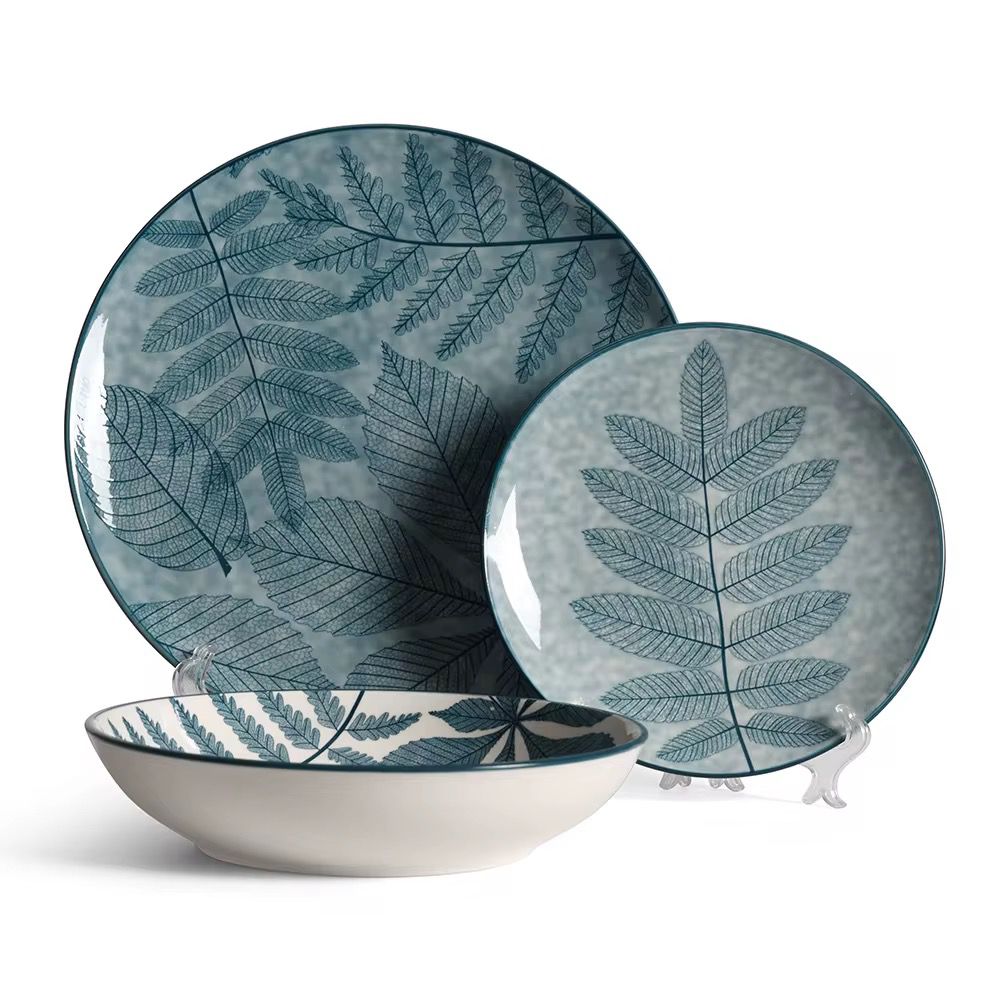 [SRV12-GO-Bleu] Service de Table 12 Pièces en Porcelaine – Motif Feuilles Bleu