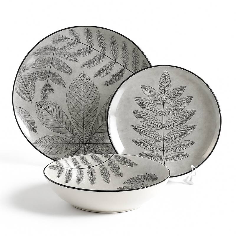 Service de Table 12 Pièces en Porcelaine – Motif Feuilles Gris
