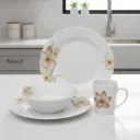Service à Table 12 Pièces en Porcelaine - Floral Beige