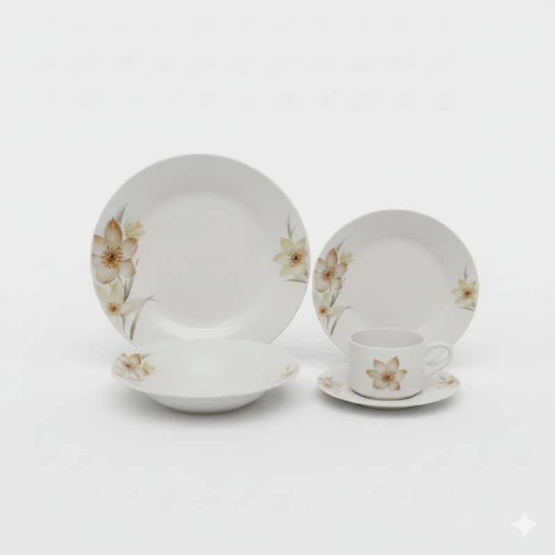 Service à Table 20 Pièces en Porcelaine - Floral Beige