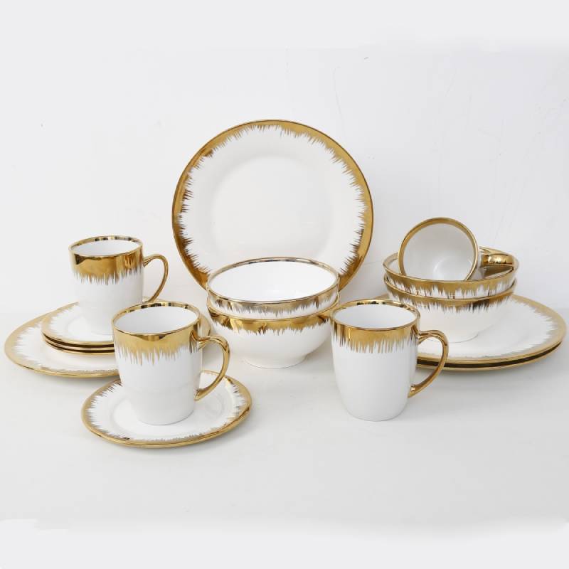 [SRV16-GO-Motif 1] Service de Table 16 Pièces en Porcelaine - Gold Flame