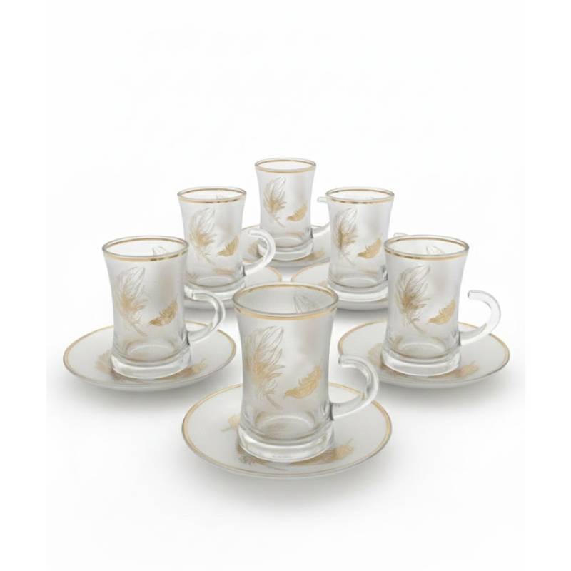 Lot De 6 Verres à Thé Avec Sous-Tasses - Motif Plumes Dorées