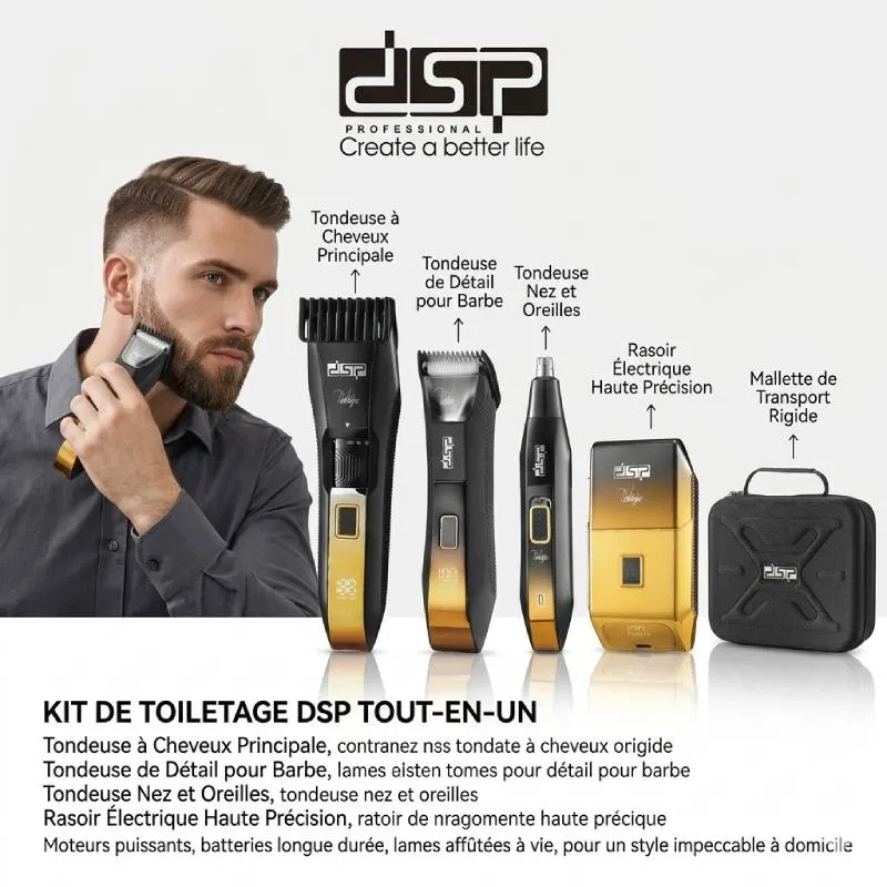 [80174-GO] Kit Tondeuse 4 EN1 Professionnel DSP 5W - Noir Doré