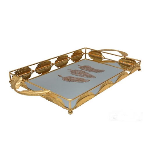 [PLM1GO] Plateau De Décoration Doré Motif Plume 55 X 29 Cm