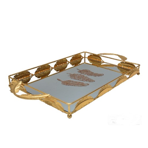[PLM2GO] Plateau De Décoration Doré Motif Plume 47 X 22.5 Cm