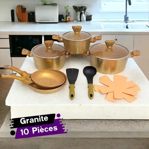 [SV10GB-GO] Batterie De Cuisine 10 Pièces Granite et Effet Gold BAROLY