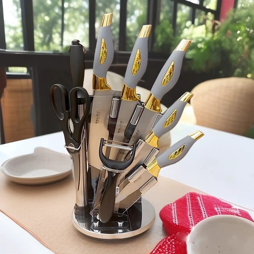 [BSB-9GO-Gris] Couteaux de Cuisine BALI 9 Pièces avec Poignée en Gris et Doré