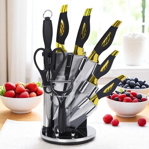 [BSB-9GO-Noir] Couteaux de Cuisine BALI 9 Pièces avec Poignée en Noir et Doré
