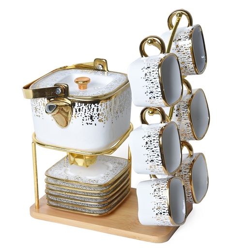 [SCPPD-16GO] Service à Café 16 Pièces Porcelaine avec Support en Doré