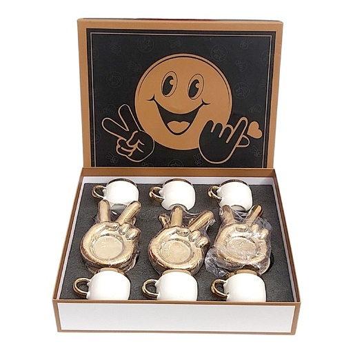 [SCTT-12GO-Blanc] Service à Café de Luxe 6 Tasses + 6 Sous-Tasses – Design "Peace" – Céramique Blanc & Doré – 10 cl