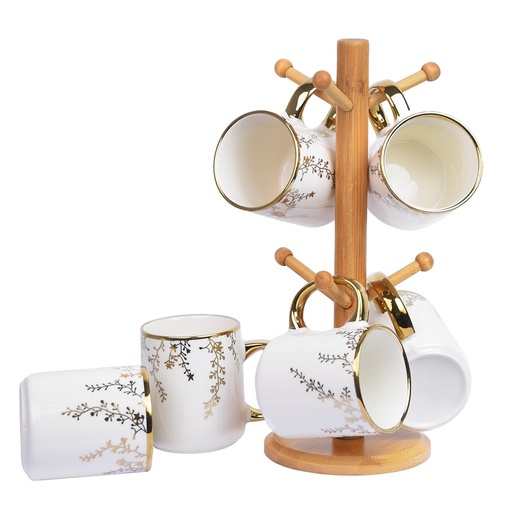 [JD7959-GO] Lot de 6 Mugs avec Support en Bois -300ml