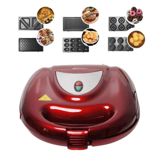[HK411-GO-Rouge] Appareil De Cuisson 6en1 Florence 1500W Zouza , Panini , Gauffre , Donut , Maamoul , Croque-Monsieur - Rouge