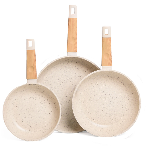 [HK437-GO-Beige] Set De 3 Poêles Granite Sizar Beige 20 , 24 et 28Cm