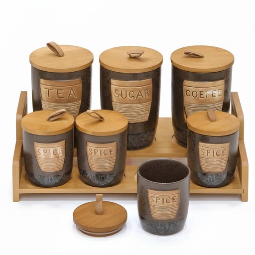 [PEC7B-GO-Motif1] Porte Epices En Céramique 7 Pots Avec Support En Bois- Golden House