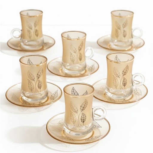[LOT6VT-GO-Feuilles] Coffret De 6 Verres à Thé Avec Sous-Tasses - Motif Feuilles Dorées