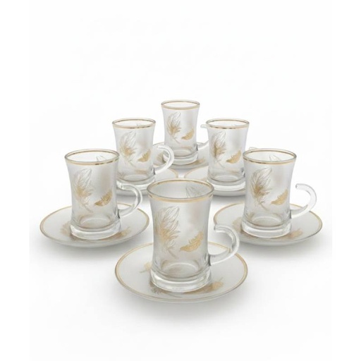 [LOT6VT-GO-Plumes] Lot De 6 Verres à Thé Avec Sous-Tasses - Motif Plumes Dorées
