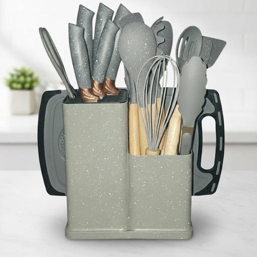 [SUT19-GO-Gris] Set d'ustensiles de cuisine 19 pièces en silicone - Gris