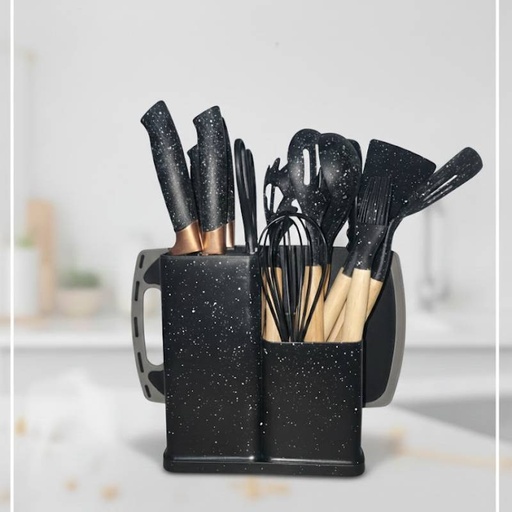 [SUT19-GO-Noir] Set d'ustensiles de cuisine 19 pièces en silicone - Noir